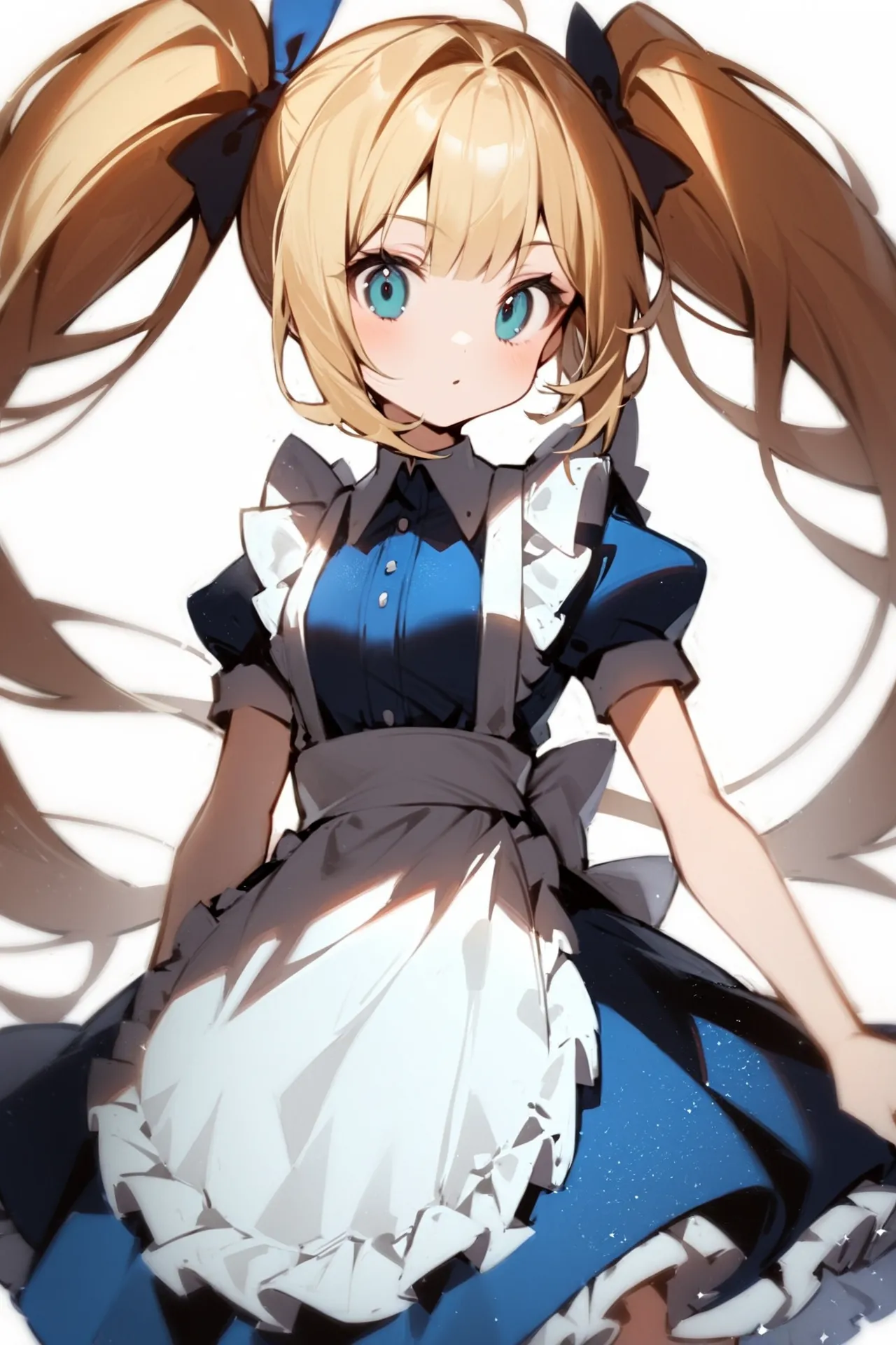 '1girl, cowboy shot,\nblonde hair, twintails, blue dress, white apron,\nwhite background,\nAlice in glitterworld\nNegative prompt: (worst quality, low quality:1.4), nsfw\nSteps: 35, Sampler: DPM++ 2M SDE Karras, CFG scale: 7, Seed: 1, Size: 640x960, Model hash: 642b08ca49, Model: ConfusionXL2.0_fp16_vae, VAE hash: 63aeecb90f, VAE: sdxl_vae_0.9.safetensors, Denoising strength: 0.6, Clip skip: 2, Hires upscale: 2, Hires steps: 15, Hires upscaler: ESRGAN_4x, Eta: 0.68, Version: v1.7.0'