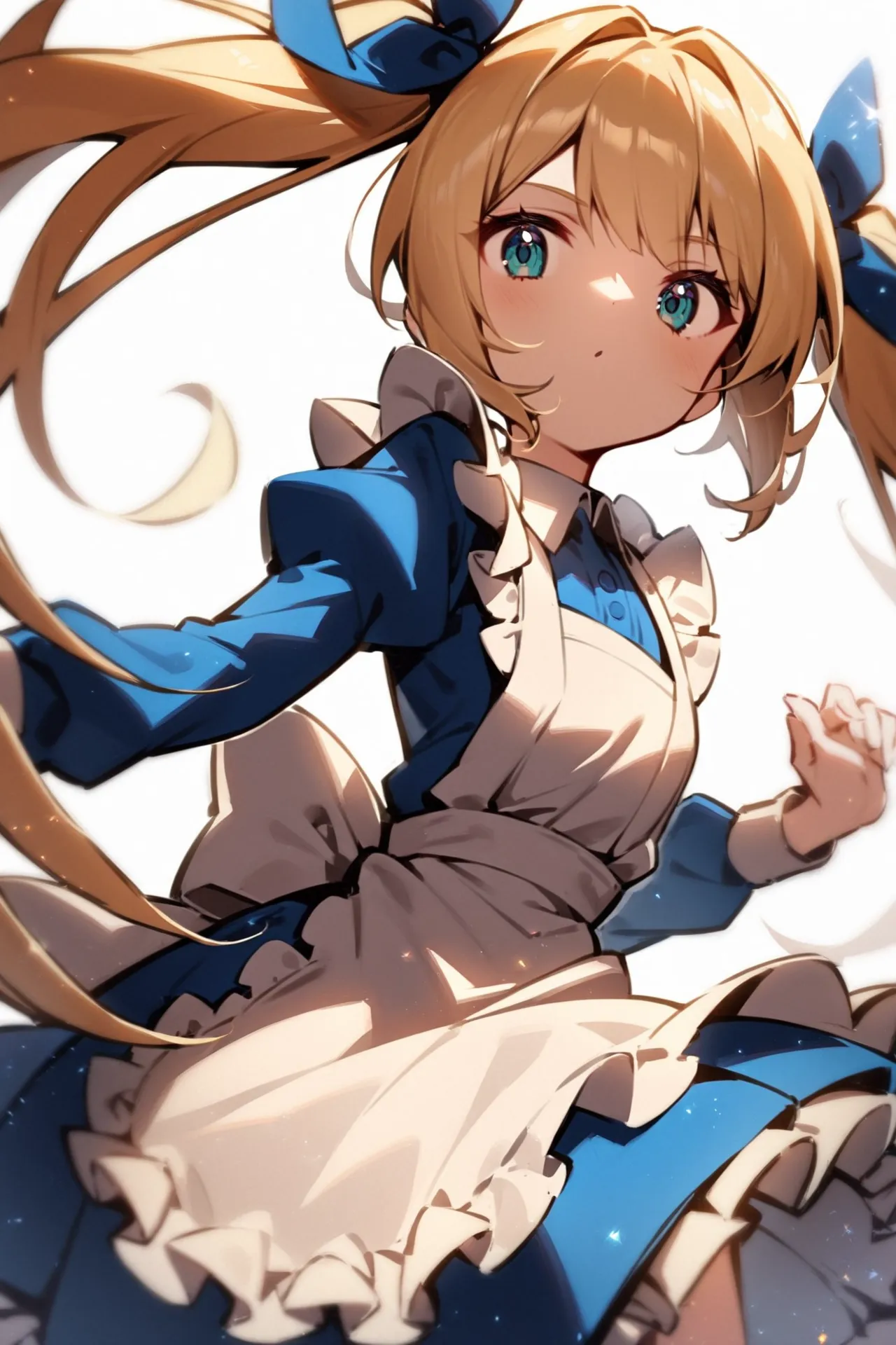 '1girl, dutch angle,\nblonde hair, twintails, blue dress, white apron,\nwhite background,\nAlice in glitterworld\nNegative prompt: (worst quality, low quality:1.4), nsfw\nSteps: 35, Sampler: DPM++ 2M SDE Karras, CFG scale: 7, Seed: 1, Size: 640x960, Model hash: 642b08ca49, Model: ConfusionXL2.0_fp16_vae, VAE hash: 63aeecb90f, VAE: sdxl_vae_0.9.safetensors, Denoising strength: 0.6, Clip skip: 2, Hires upscale: 2, Hires steps: 15, Hires upscaler: ESRGAN_4x, Eta: 0.68, Version: v1.7.0'