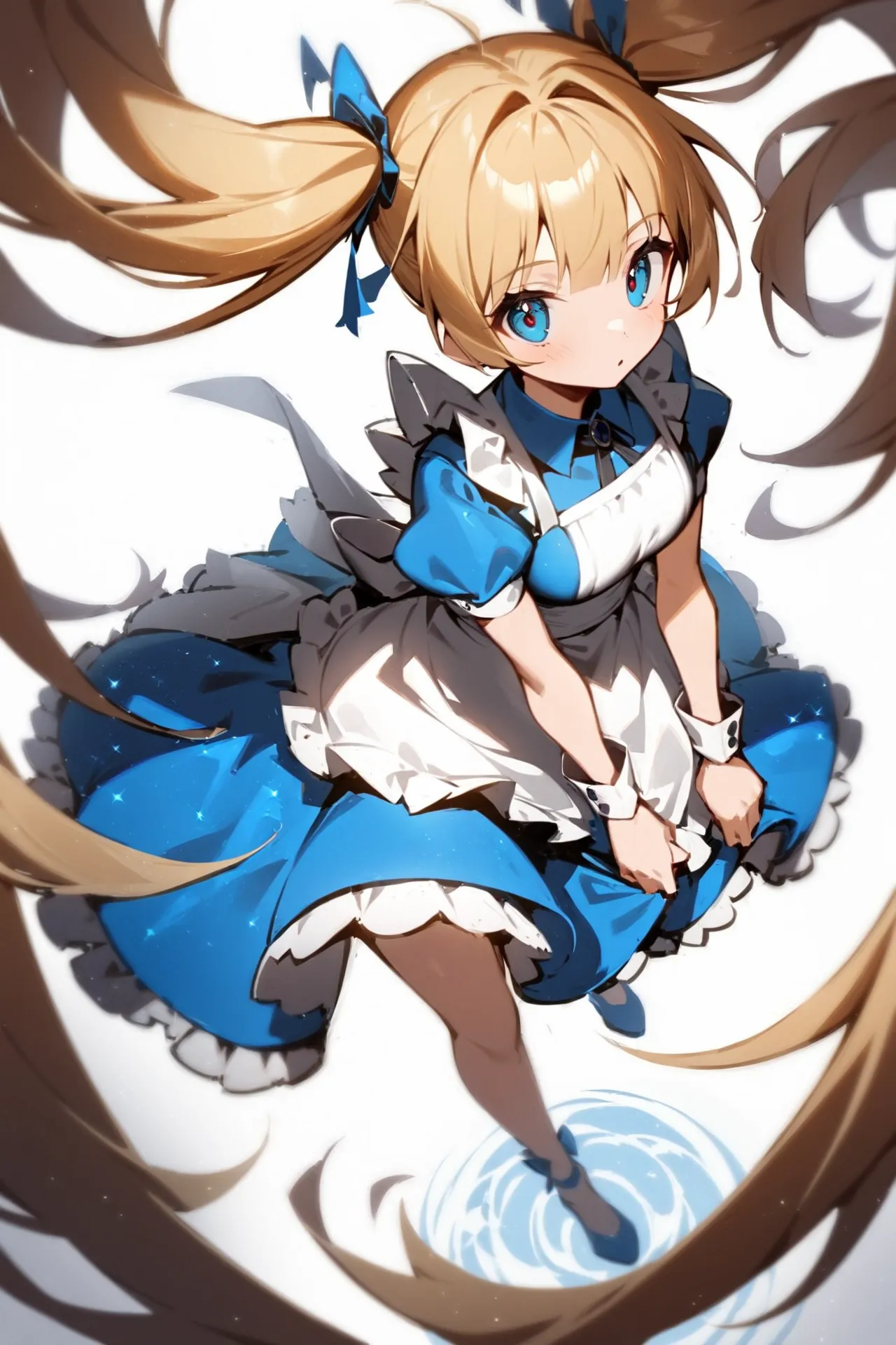 '1girl, from above,\nblonde hair, twintails, blue dress, white apron,\nwhite background,\nAlice in glitterworld\nNegative prompt: (worst quality, low quality:1.4), nsfw\nSteps: 35, Sampler: DPM++ 2M SDE Karras, CFG scale: 7, Seed: 1, Size: 640x960, Model hash: 642b08ca49, Model: ConfusionXL2.0_fp16_vae, VAE hash: 63aeecb90f, VAE: sdxl_vae_0.9.safetensors, Denoising strength: 0.6, Clip skip: 2, Hires upscale: 2, Hires steps: 15, Hires upscaler: ESRGAN_4x, Eta: 0.68, Version: v1.7.0'