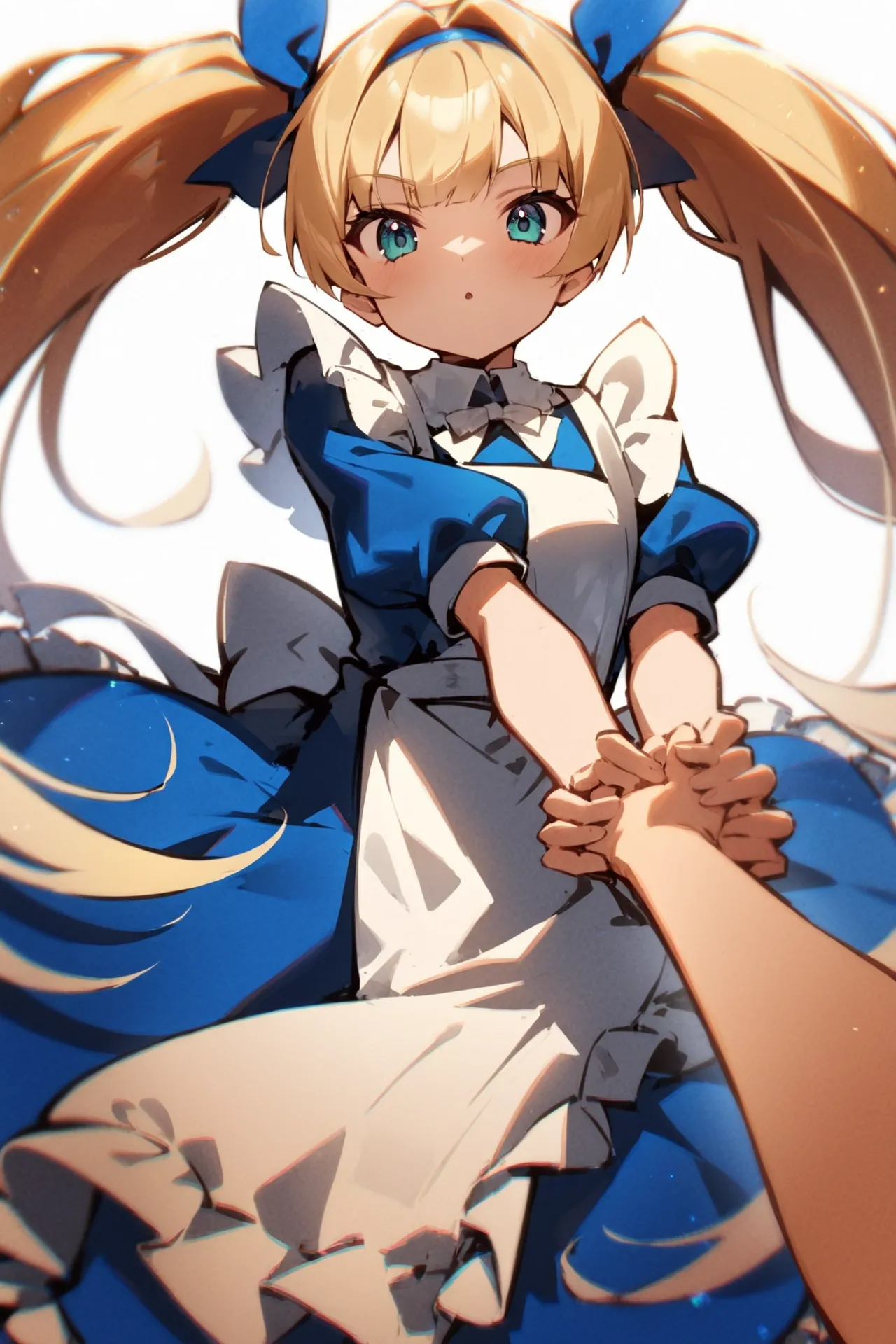 '1girl, pov,\nblonde hair, twintails, blue dress, white apron,\nwhite background,\nAlice in glitterworld\nNegative prompt: (worst quality, low quality:1.4), nsfw\nSteps: 35, Sampler: DPM++ 2M SDE Karras, CFG scale: 7, Seed: 1, Size: 640x960, Model hash: 642b08ca49, Model: ConfusionXL2.0_fp16_vae, VAE hash: 63aeecb90f, VAE: sdxl_vae_0.9.safetensors, Denoising strength: 0.6, Clip skip: 2, Hires upscale: 2, Hires steps: 15, Hires upscaler: ESRGAN_4x, Eta: 0.68, Version: v1.7.0'