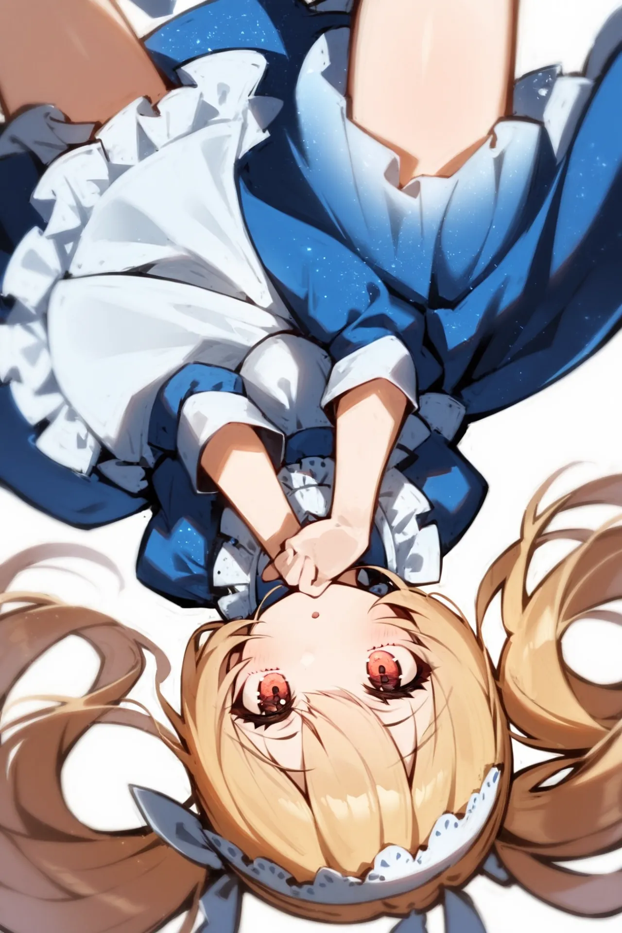 '1girl, upside-down,\nblonde hair, twintails, blue dress, white apron,\nwhite background,\nAlice in glitterworld\nNegative prompt: (worst quality, low quality:1.4), nsfw\nSteps: 35, Sampler: DPM++ 2M SDE Karras, CFG scale: 7, Seed: 1, Size: 640x960, Model hash: 642b08ca49, Model: ConfusionXL2.0_fp16_vae, VAE hash: 63aeecb90f, VAE: sdxl_vae_0.9.safetensors, Denoising strength: 0.6, Clip skip: 2, Hires upscale: 2, Hires steps: 15, Hires upscaler: ESRGAN_4x, Eta: 0.68, Version: v1.7.0'