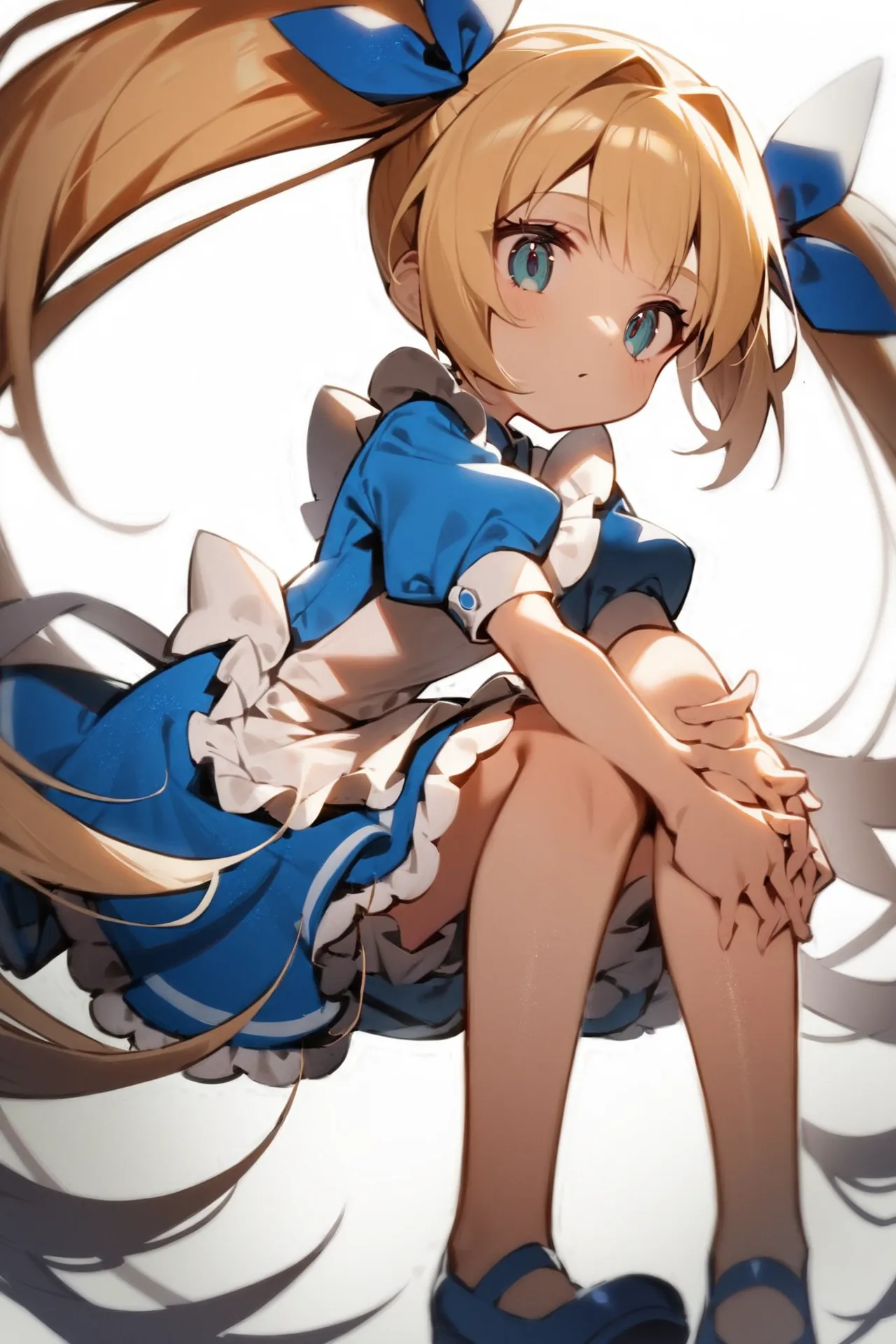 '1girl, hands on own knees,\nblonde hair, twintails, blue dress, white apron,\nwhite background,\nAlice in glitterworld\nNegative prompt: (worst quality, low quality:1.4), nsfw\nSteps: 35, Sampler: DPM++ 2M SDE Karras, CFG scale: 7, Seed: 1, Size: 640x960, Model hash: 642b08ca49, Model: ConfusionXL2.0_fp16_vae, VAE hash: 63aeecb90f, VAE: sdxl_vae_0.9.safetensors, Denoising strength: 0.6, Clip skip: 2, Hires upscale: 2, Hires steps: 15, Hires upscaler: ESRGAN_4x, Eta: 0.68, Version: v1.7.0'