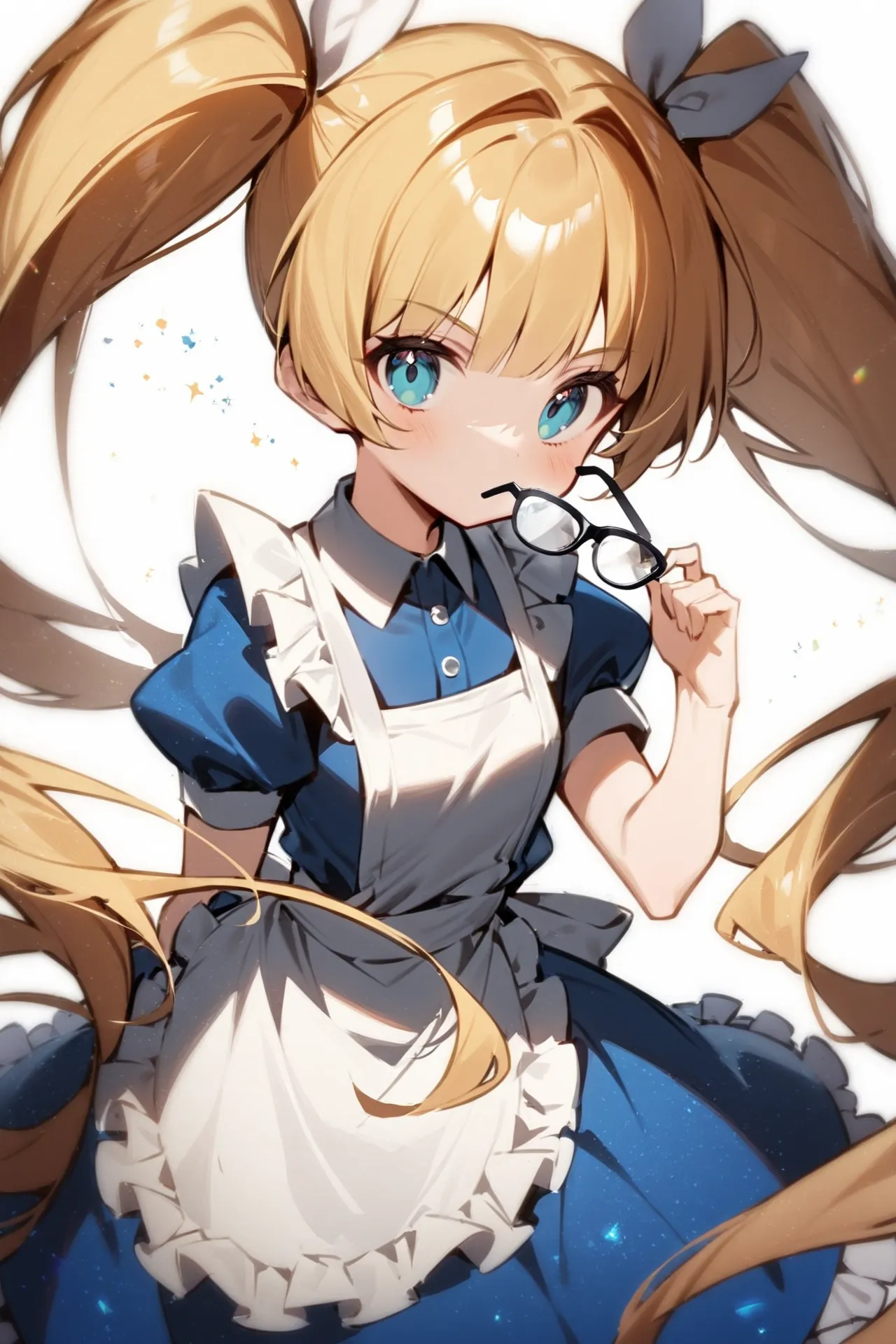 '1girl, holding eyewear,\nblonde hair, twintails, blue dress, white apron,\nwhite background,\nAlice in glitterworld\nNegative prompt: (worst quality, low quality:1.4), nsfw\nSteps: 35, Sampler: DPM++ 2M SDE Karras, CFG scale: 7, Seed: 1, Size: 640x960, Model hash: 642b08ca49, Model: ConfusionXL2.0_fp16_vae, VAE hash: 63aeecb90f, VAE: sdxl_vae_0.9.safetensors, Denoising strength: 0.6, Clip skip: 2, Hires upscale: 2, Hires steps: 15, Hires upscaler: ESRGAN_4x, Eta: 0.68, Version: v1.7.0'