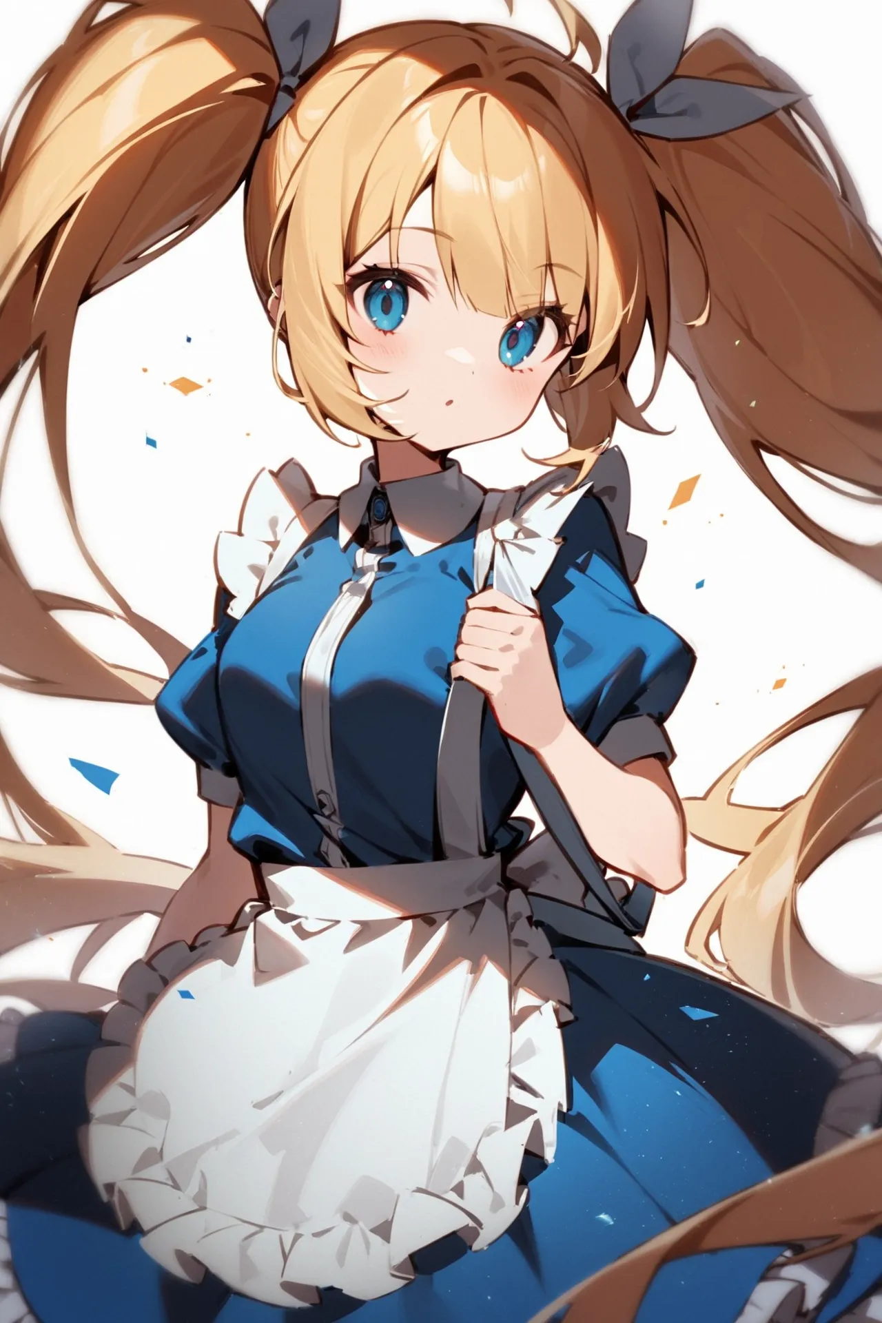 '1girl, holding strap,\nblonde hair, twintails, blue dress, white apron,\nwhite background,\nAlice in glitterworld\nNegative prompt: (worst quality, low quality:1.4), nsfw\nSteps: 35, Sampler: DPM++ 2M SDE Karras, CFG scale: 7, Seed: 1, Size: 640x960, Model hash: 642b08ca49, Model: ConfusionXL2.0_fp16_vae, VAE hash: 63aeecb90f, VAE: sdxl_vae_0.9.safetensors, Denoising strength: 0.6, Clip skip: 2, Hires upscale: 2, Hires steps: 15, Hires upscaler: ESRGAN_4x, Eta: 0.68, Version: v1.7.0'