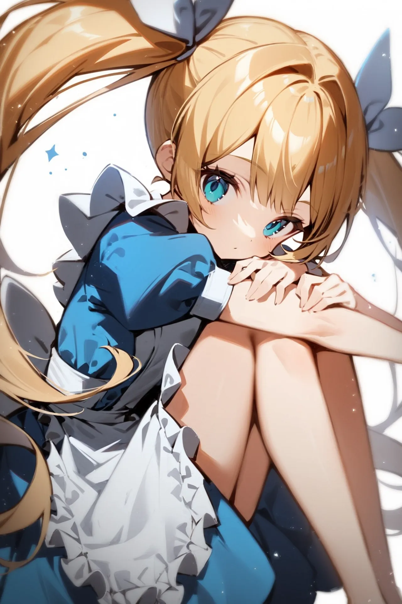 '1girl, knees to chest,\nblonde hair, twintails, blue dress, white apron,\nwhite background,\nAlice in glitterworld\nNegative prompt: (worst quality, low quality:1.4), nsfw\nSteps: 35, Sampler: DPM++ 2M SDE Karras, CFG scale: 7, Seed: 1, Size: 640x960, Model hash: 642b08ca49, Model: ConfusionXL2.0_fp16_vae, VAE hash: 63aeecb90f, VAE: sdxl_vae_0.9.safetensors, Denoising strength: 0.6, Clip skip: 2, Hires upscale: 2, Hires steps: 15, Hires upscaler: ESRGAN_4x, Eta: 0.68, Version: v1.7.0'