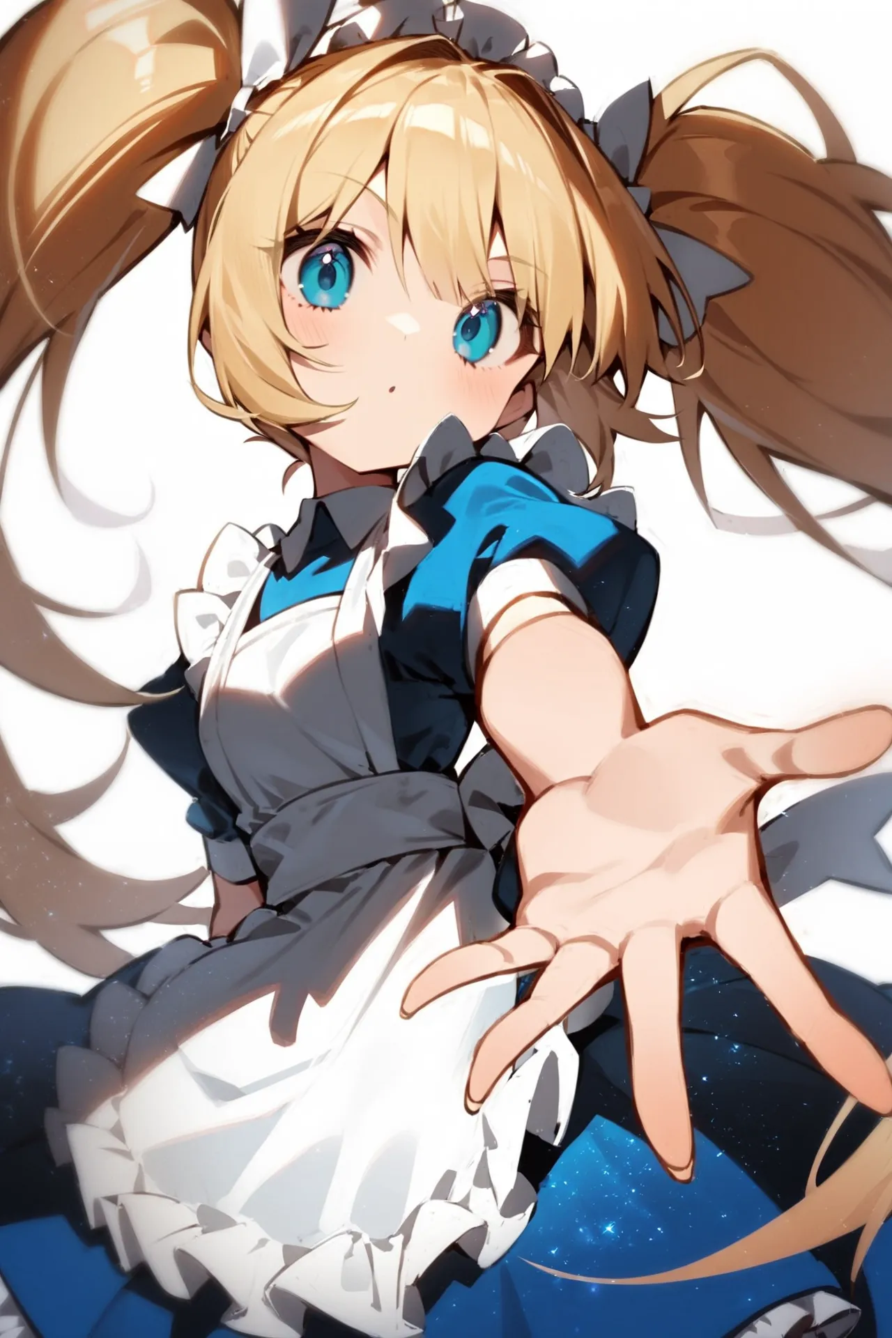 '1girl, reaching,\nblonde hair, twintails, blue dress, white apron,\nwhite background,\nAlice in glitterworld\nNegative prompt: (worst quality, low quality:1.4), nsfw\nSteps: 35, Sampler: DPM++ 2M SDE Karras, CFG scale: 7, Seed: 1, Size: 640x960, Model hash: 642b08ca49, Model: ConfusionXL2.0_fp16_vae, VAE hash: 63aeecb90f, VAE: sdxl_vae_0.9.safetensors, Denoising strength: 0.6, Clip skip: 2, Hires upscale: 2, Hires steps: 15, Hires upscaler: ESRGAN_4x, Eta: 0.68, Version: v1.7.0'
