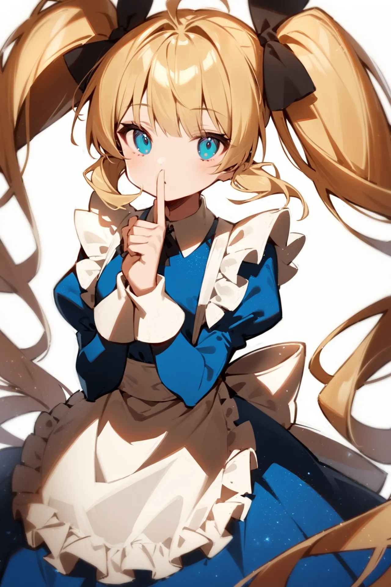 '1girl, shushing,\nblonde hair, twintails, blue dress, white apron,\nwhite background,\nAlice in glitterworld\nNegative prompt: (worst quality, low quality:1.4), nsfw\nSteps: 35, Sampler: DPM++ 2M SDE Karras, CFG scale: 7, Seed: 1, Size: 640x960, Model hash: 642b08ca49, Model: ConfusionXL2.0_fp16_vae, VAE hash: 63aeecb90f, VAE: sdxl_vae_0.9.safetensors, Denoising strength: 0.6, Clip skip: 2, Hires upscale: 2, Hires steps: 15, Hires upscaler: ESRGAN_4x, Eta: 0.68, Version: v1.7.0'