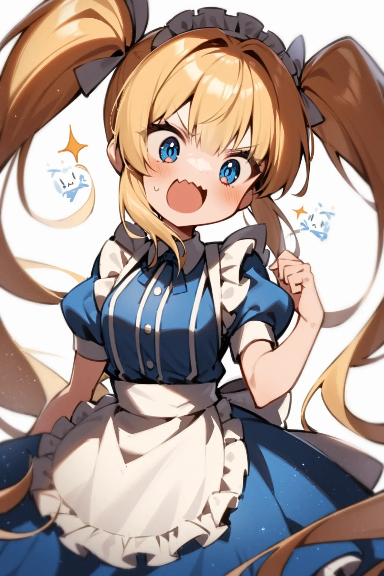 '1girl, >:(,\nblonde hair, twintails, blue dress, white apron,\nwhite background,\nAlice in glitterworld\nNegative prompt: (worst quality, low quality:1.4), nsfw\nSteps: 35, Sampler: DPM++ 2M SDE Karras, CFG scale: 7, Seed: 1, Size: 640x960, Model hash: 642b08ca49, Model: ConfusionXL2.0_fp16_vae, VAE hash: 63aeecb90f, VAE: sdxl_vae_0.9.safetensors, Denoising strength: 0.6, Clip skip: 2, Hires upscale: 2, Hires steps: 15, Hires upscaler: ESRGAN_4x, Eta: 0.68, Version: v1.7.0'