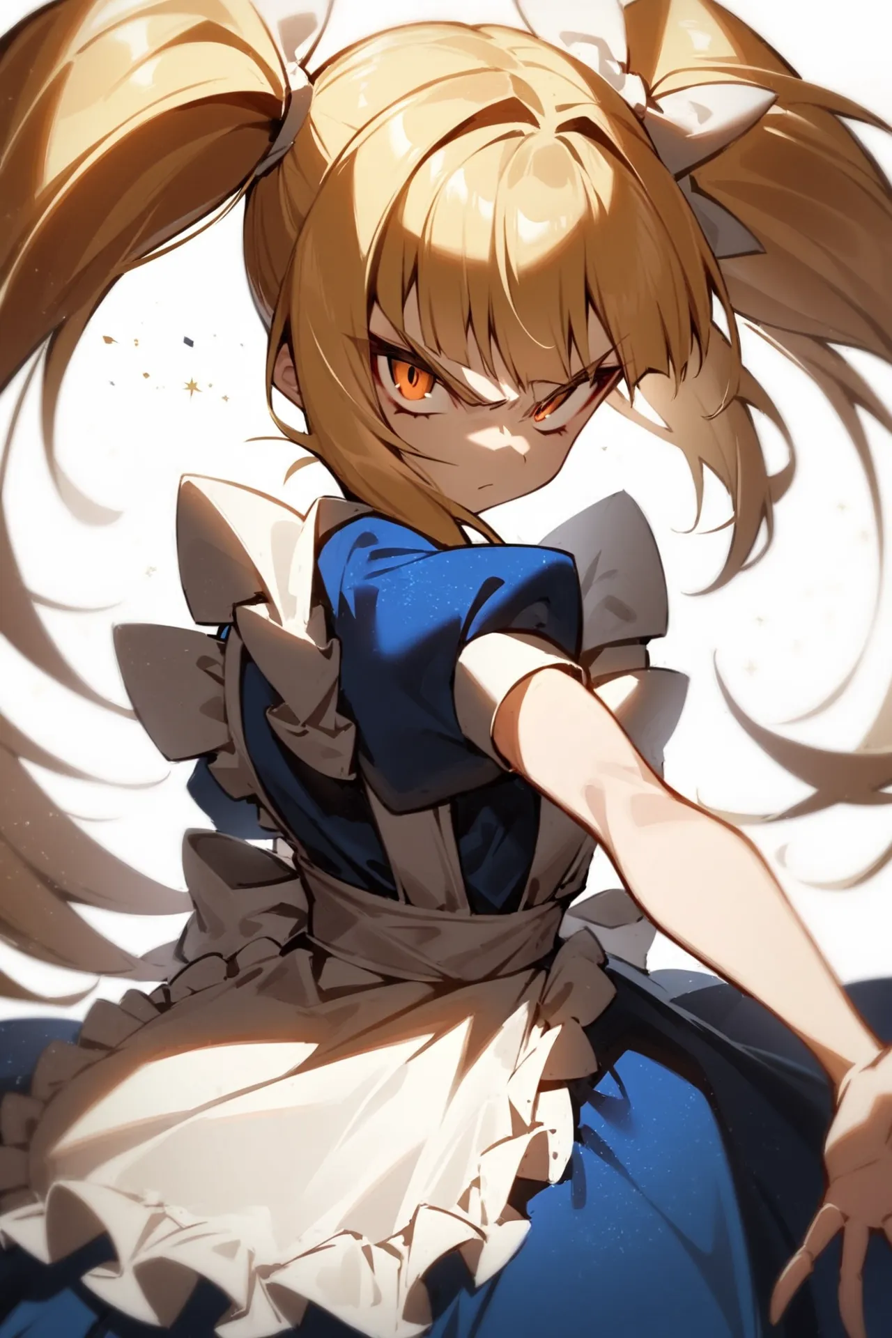'1girl, glaring,\nblonde hair, twintails, blue dress, white apron,\nwhite background,\nAlice in glitterworld\nNegative prompt: (worst quality, low quality:1.4), nsfw\nSteps: 35, Sampler: DPM++ 2M SDE Karras, CFG scale: 7, Seed: 1, Size: 640x960, Model hash: 642b08ca49, Model: ConfusionXL2.0_fp16_vae, VAE hash: 63aeecb90f, VAE: sdxl_vae_0.9.safetensors, Denoising strength: 0.6, Clip skip: 2, Hires upscale: 2, Hires steps: 15, Hires upscaler: ESRGAN_4x, Eta: 0.68, Version: v1.7.0'