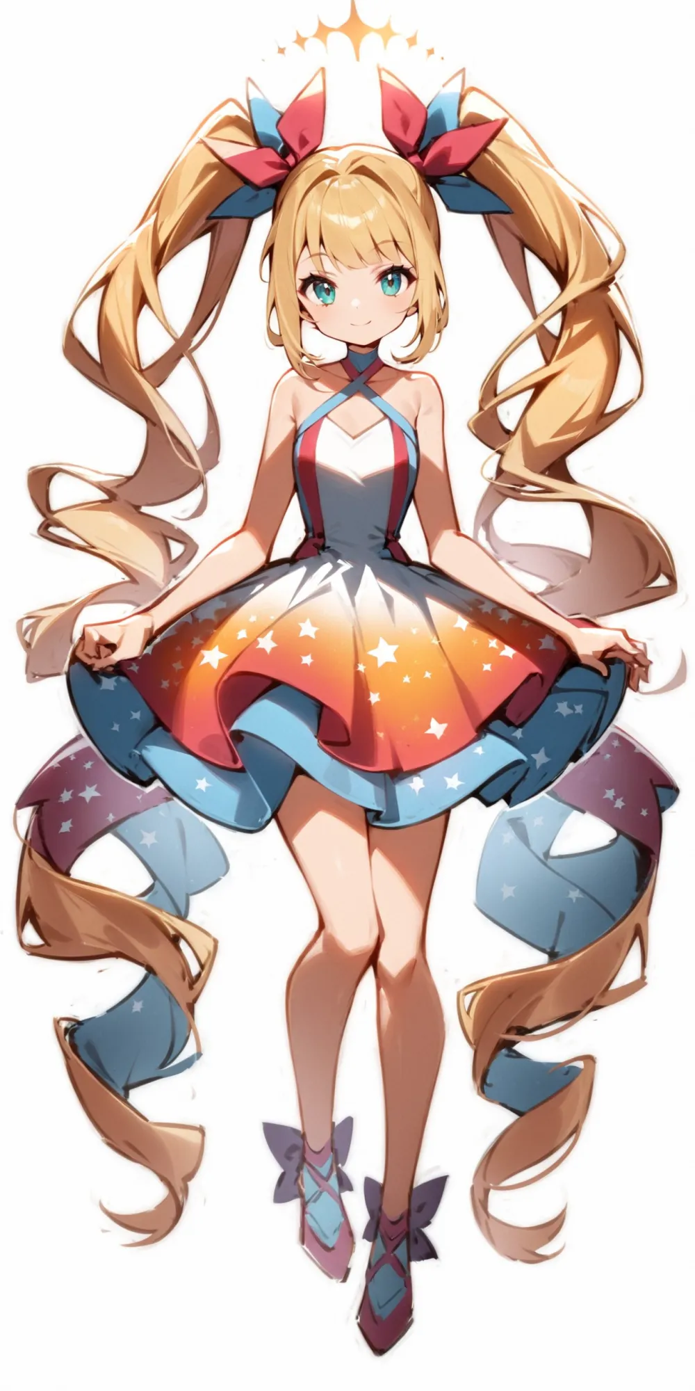 '1girl, halter dress, blonde hair, twintails,\nsmile, closed mouth,\ntachi-e, fullbody, white background,\nAlice in glitterworld\nNegative prompt: (worst quality, low quality:1.4), nsfw\nSteps: 35, Sampler: DPM++ 2M SDE Karras, CFG scale: 7, Seed: 1, Size: 640x1280, Model hash: 642b08ca49, Model: ConfusionXL2.0_fp16_vae, VAE hash: 63aeecb90f, VAE: sdxl_vae_0.9.safetensors, Denoising strength: 0.6, Clip skip: 2, Hires upscale: 2, Hires steps: 15, Hires upscaler: ESRGAN_4x, Eta: 0.68, Version: v1.7.0'