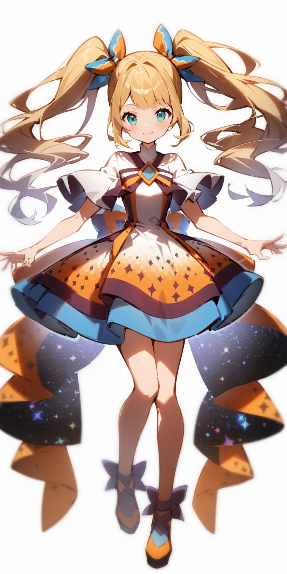 '1girl, print dress, blonde hair, twintails,\nsmile, closed mouth,\ntachi-e, fullbody, white background,\nAlice in glitterworld\nNegative prompt: (worst quality, low quality:1.4), nsfw\nSteps: 35, Sampler: DPM++ 2M SDE Karras, CFG scale: 7, Seed: 1, Size: 640x1280, Model hash: 642b08ca49, Model: ConfusionXL2.0_fp16_vae, VAE hash: 63aeecb90f, VAE: sdxl_vae_0.9.safetensors, Denoising strength: 0.6, Clip skip: 2, Hires upscale: 2, Hires steps: 15, Hires upscaler: ESRGAN_4x, Eta: 0.68, Version: v1.7.0'