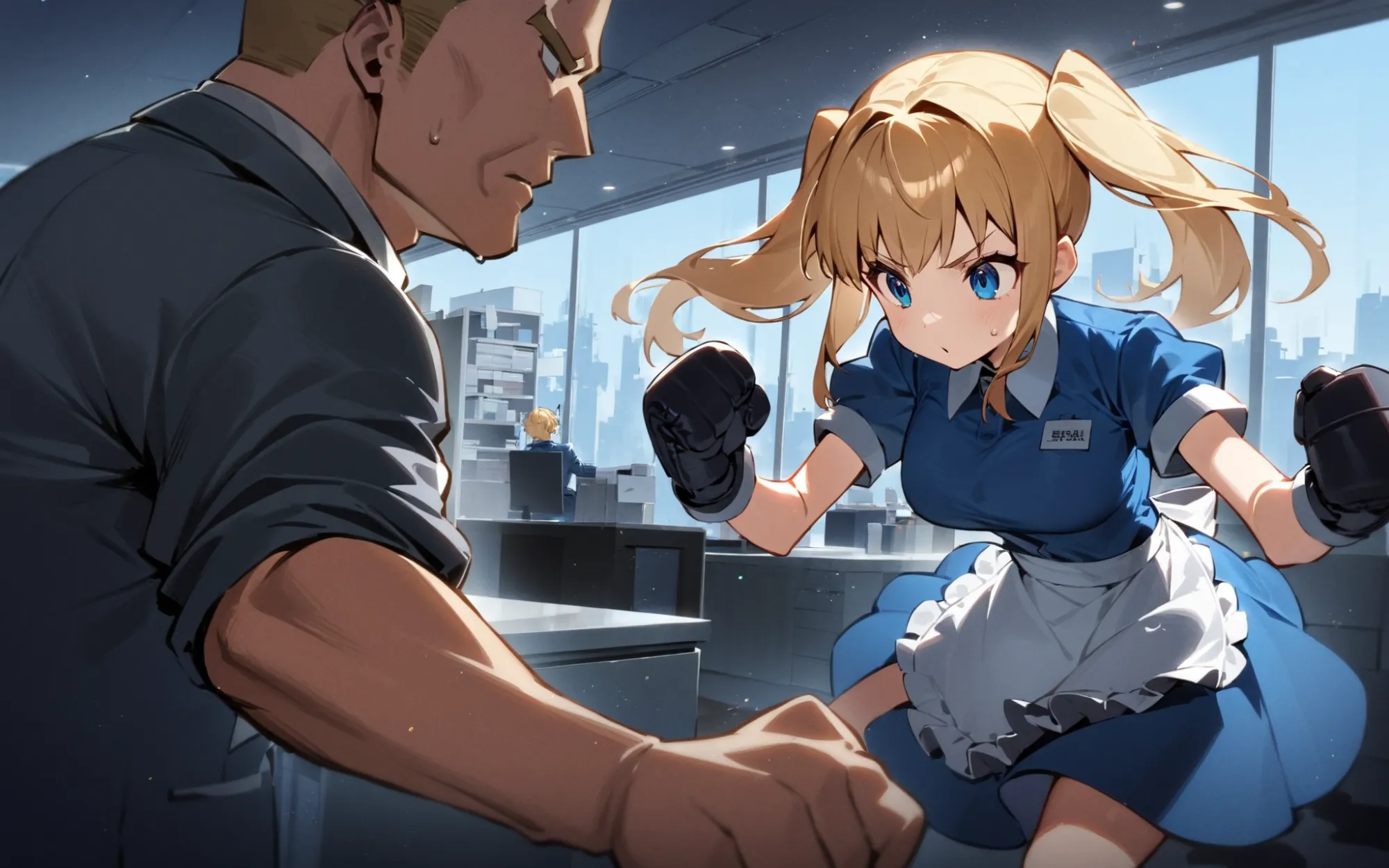 '1girl boxing with her boss, \nblonde hair, twintails, blue dress, white apron, indoors, office, office suit,\nAlice in glitterworld\nNegative prompt: (worst quality, low quality:1.4), nsfw\nSteps: 30, Sampler: DPM++ 2M Karras, CFG scale: 7, Seed: 1, Size: 1024x640, Model hash: 642b08ca49, Model: ConfusionXL2.0_fp16_vae, Denoising strength: 0.6, Clip skip: 2, Hires upscale: 2, Hires upscaler: ESRGAN_4x, Version: v1.7.0'