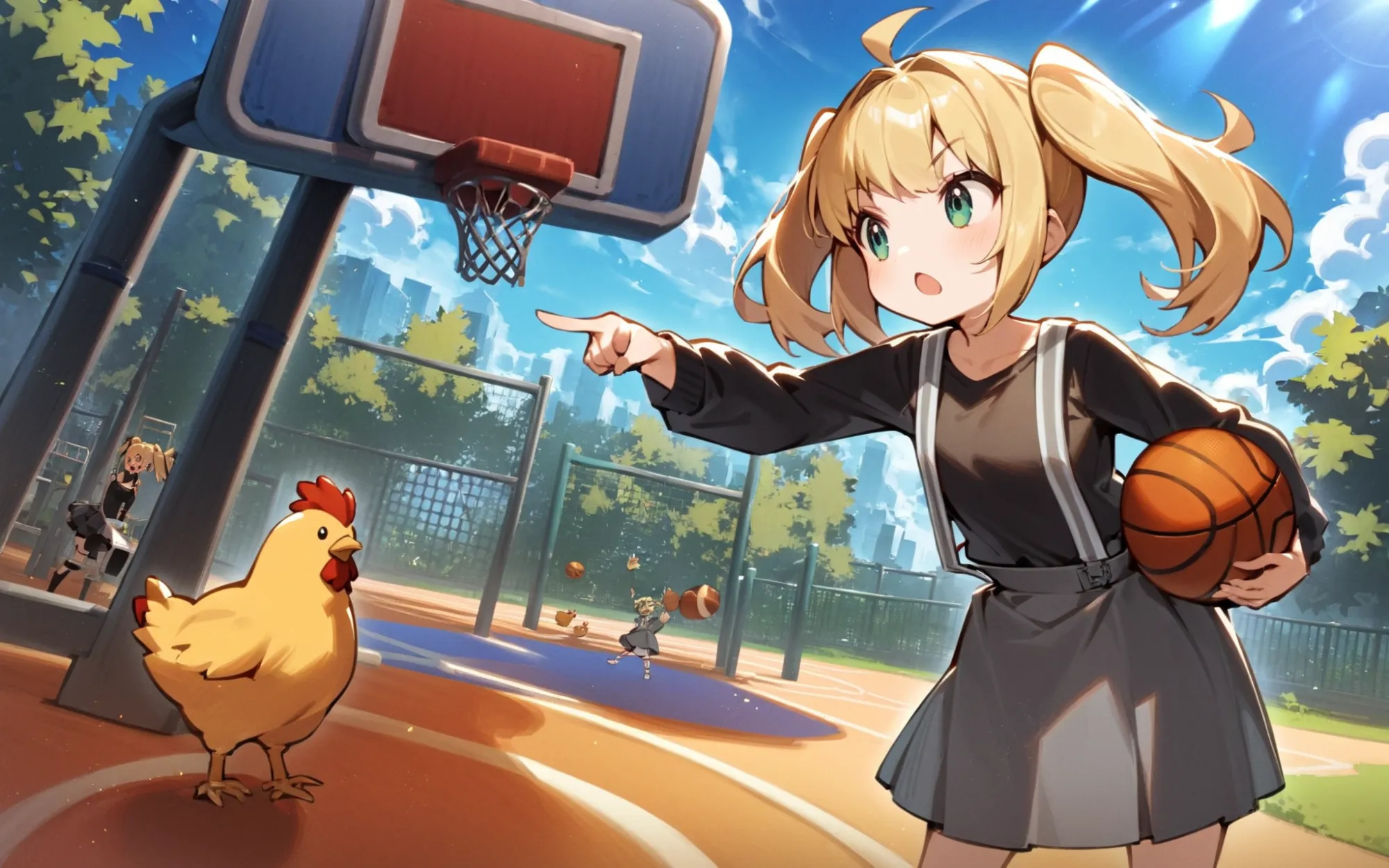 '1girl, play basketball, standing,\nblonde hair, twintails, suspender skirt, grey skirt, black shirt, white strip, long sleeves, outdoors, open mouth, chicken, playground, pointing,\nAlice in glitterworld\nNegative prompt: (worst quality, low quality:1.4), nsfw\nSteps: 30, Sampler: DPM++ 2M Karras, CFG scale: 7, Seed: 1, Size: 1024x640, Model hash: 642b08ca49, Model: ConfusionXL2.0_fp16_vae, Denoising strength: 0.6, Clip skip: 2, Hires upscale: 2, Hires steps: 15, Hires upscaler: ESRGAN_4x, Version: v1.7.0'