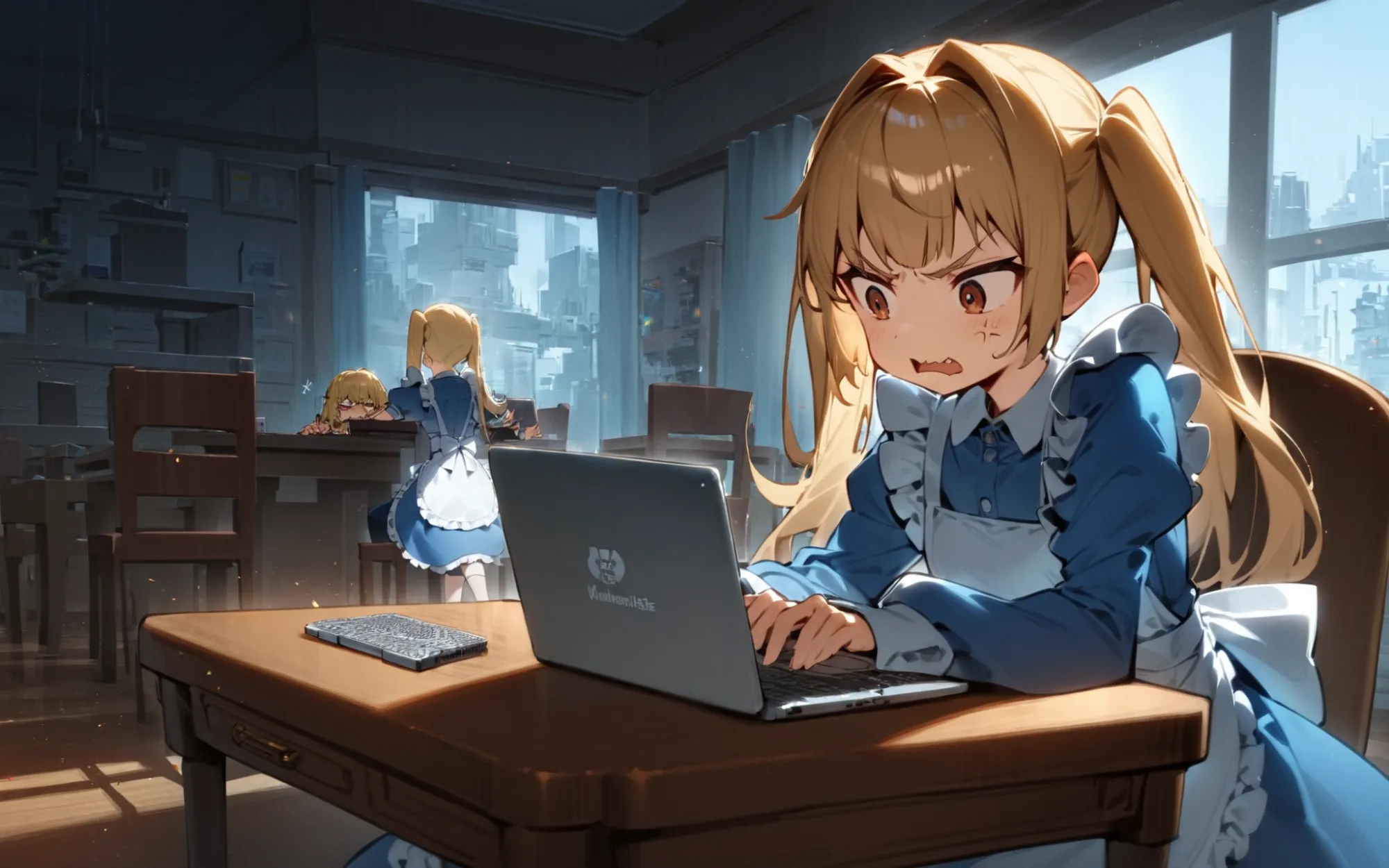 '1girl, hands on laptop, table, chair, sitting, (angry:0.8),\nblonde hair, twintails, blue dress, white apron, indoors,\nAlice in glitterworld\nNegative prompt: (worst quality, low quality:1.4), nsfw\nSteps: 30, Sampler: DPM++ 2M Karras, CFG scale: 7, Seed: 1, Size: 1024x640, Model hash: 642b08ca49, Model: ConfusionXL2.0_fp16_vae, Denoising strength: 0.6, Clip skip: 2, Hires upscale: 2, Hires steps: 15, Hires upscaler: ESRGAN_4x, Version: v1.7.0'